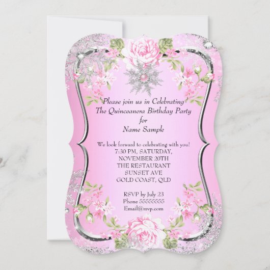 Quinceanera 15th Winter Wonderland Sweet Pink Kaart (Achterkant)