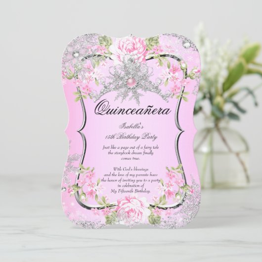 Quinceanera 15th Winter Wonderland Sweet Pink Kaart (Staand voorkant)
