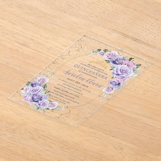 Quinceanera 16 15 Paarse Sering Bloem Moderne Goud Acryl Uitnodigingen (Laagn)
