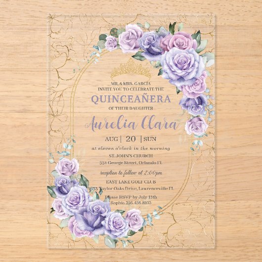 Quinceanera 16 15 Paarse Sering Bloem Moderne Goud Acryl Uitnodigingen (Voorkant)