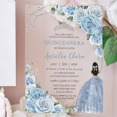 Quinceanera 16 Baby Blauw Bloemen Prinses Zilver Acryl Uitnodigingen