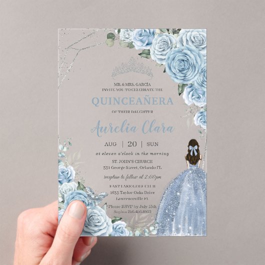 Quinceañera 16 Baby Blauw Bloemen Prinses Zilver Acryl Uitnodigingen (Insitu (Draagbaar))