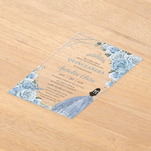Quinceañera 16 Baby Blauw Bloemen Prinses Zilver Acryl Uitnodigingen (Laagn)