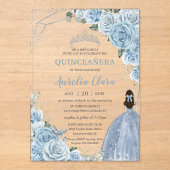 Quinceañera 16 Baby Blauw Bloemen Prinses Zilver Acryl Uitnodigingen (Voorkant)