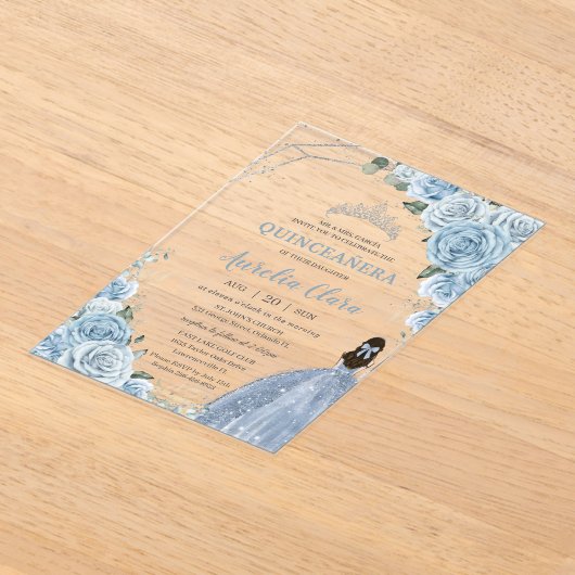 Quinceanera 16 Baby Blauw Bloemen Prinses Zilver Acryl Uitnodigingen (Laagn)