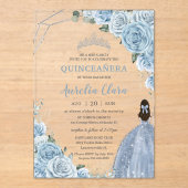 Quinceanera 16 Baby Blauw Bloemen Prinses Zilver Acryl Uitnodigingen (Voorkant)