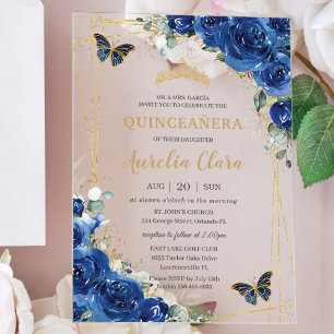 Quinceañera 16 Koningsblauw Bloemmotief Gouden Vli Acryl Uitnodigingen