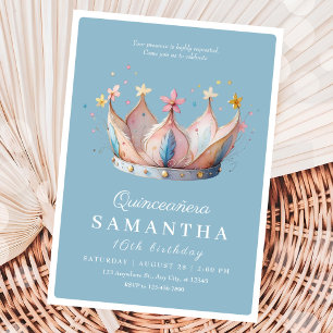 Quinceañera 16 Royal Blue Floral Gold Crown Kaart