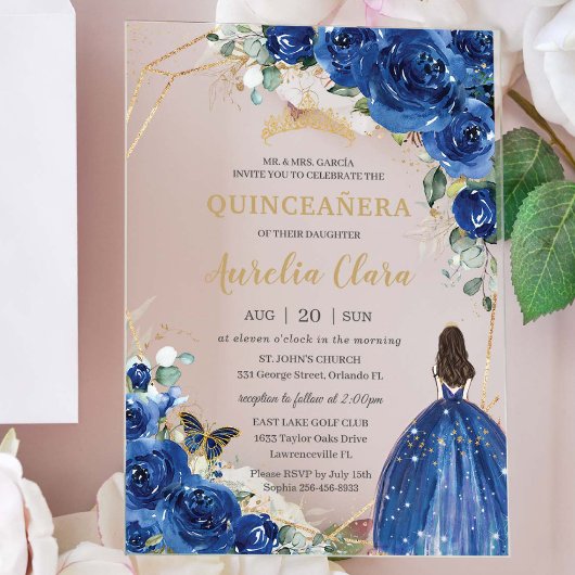 Quinceañera 16 Royal Blue Floral Gouden Vlinders Acryl Uitnodigingen