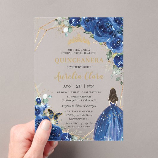 Quinceañera 16 Royal Blue Floral Gouden Vlinders Acryl Uitnodigingen (Insitu (Draagbaar))