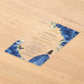 Quinceañera 16 Royal Blue Floral Gouden Vlinders Acryl Uitnodigingen (Laagn)