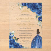 Quinceañera 16 Royal Blue Floral Gouden Vlinders Acryl Uitnodigingen (Voorkant)