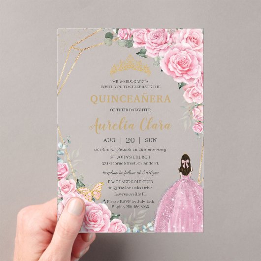 Quinceañera 16 Roze Rozen Bloemen Gouden Vlinders Acryl Uitnodigingen (Insitu (Draagbaar))