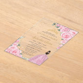 Quinceañera 16 Roze Rozen Bloemen Gouden Vlinders Acryl Uitnodigingen (Laagn)