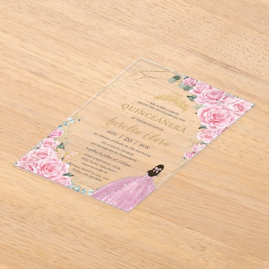 Quinceañera 16 Roze Rozen Bloemen Gouden Vlinders Acryl Uitnodigingen (Laagn)