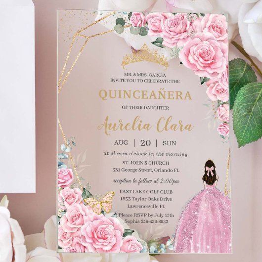 Quinceañera 16 Roze Rozen Bloemen Gouden Vlinders Acryl Uitnodigingen