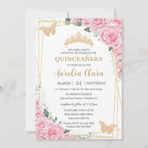Quinceanera 16 Roze Rozen Bloemstuk Gouden Vlinder Kaart