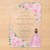 Quinceanera 16th Pink Floral Princess Rose Gold Acryl Uitnodigingen (Voorkant)
