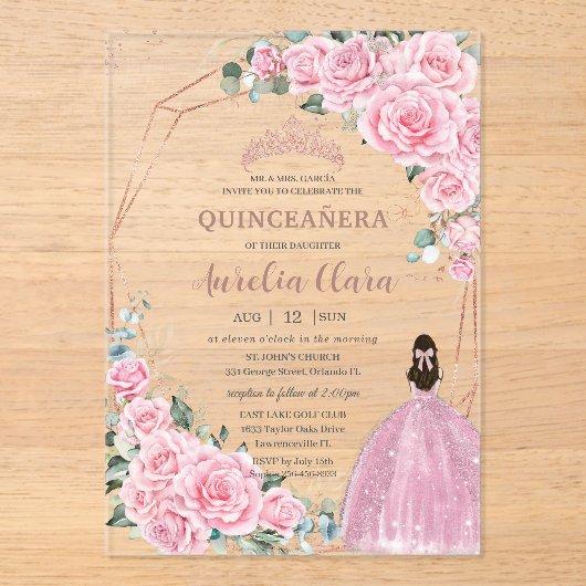 Quinceanera 16th Pink Floral Princess Rose Gold Acryl Uitnodigingen (Voorkant)