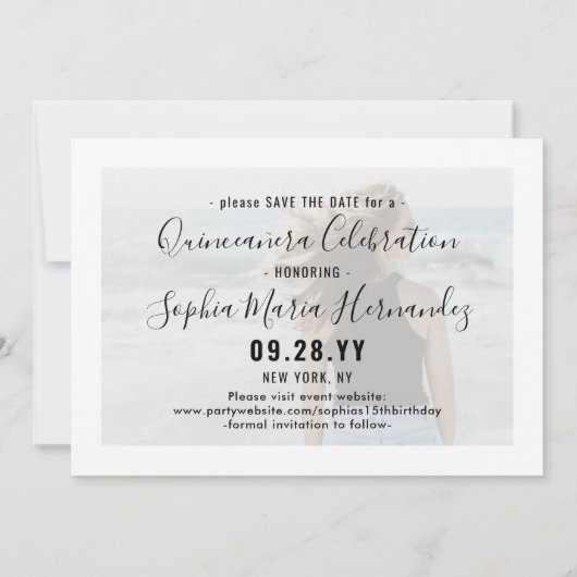 Quinceañera 2 Foto Elegant Script 15e verjaardag Save The Date (Achterkant)