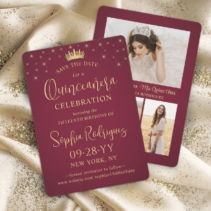 Quinceañera 3 Foto Collage Burgundy & Gouden Sterr Save The Date