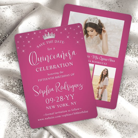 Quinceañera 3 Fotocollage Elegant Fuschia Roze Save The Date