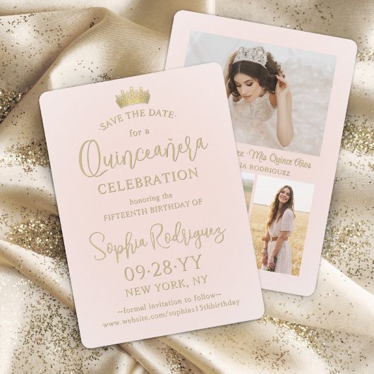 Quinceañera 3 Photo Collage Chic Blush Pink & Gold Save The Date