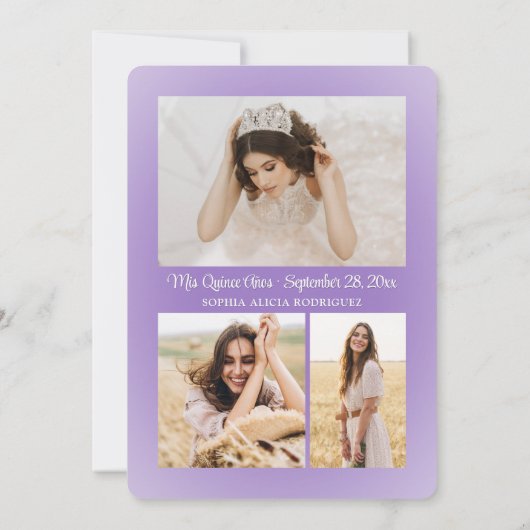 Quinceañera 3 Photo Collage Elegant Lilac Purple Save The Date (Achterkant)