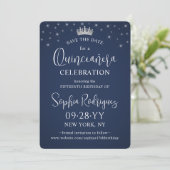 Quinceañera 3 Photo Collage Elegant Navy Blue Save The Date (Staand voorkant)