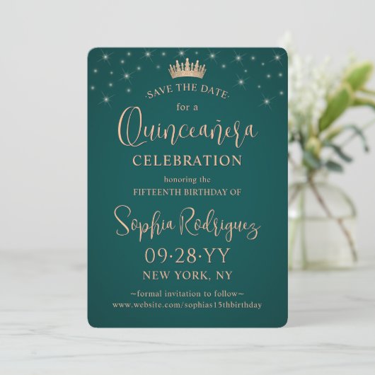 Quinceañera 3 Photo Collage Rose Gold and Green Save The Date (Staand voorkant)