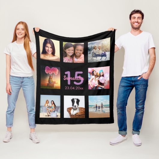 Quinceanera aangepaste foto collage zwarte naam fleece deken (In situ)