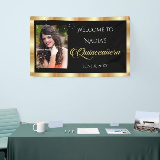 Quinceanera, Aangepaste foto, Gouden Sparkle Spandoek (Beurs)