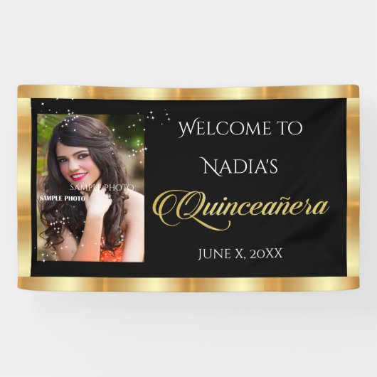 Quinceanera, Aangepaste foto, Gouden Sparkle Spandoek (Horizontaal)