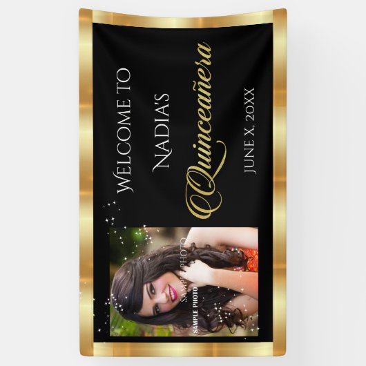 Quinceanera, Aangepaste foto, Gouden Sparkle Spandoek (Verticaal)