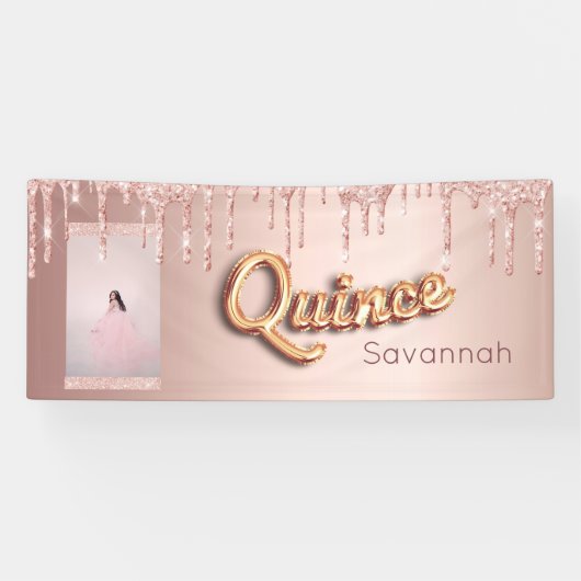 Quinceanera aangepaste foto roos gouden glitter spandoek (Horizontaal)