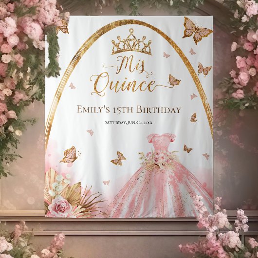 Quinceanera achtergrond | Bloemblush roze jurk Wandkleed