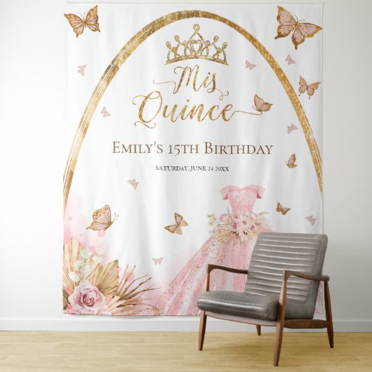 Quinceanera achtergrond | Bloemblush roze jurk Wandkleed (In situ)