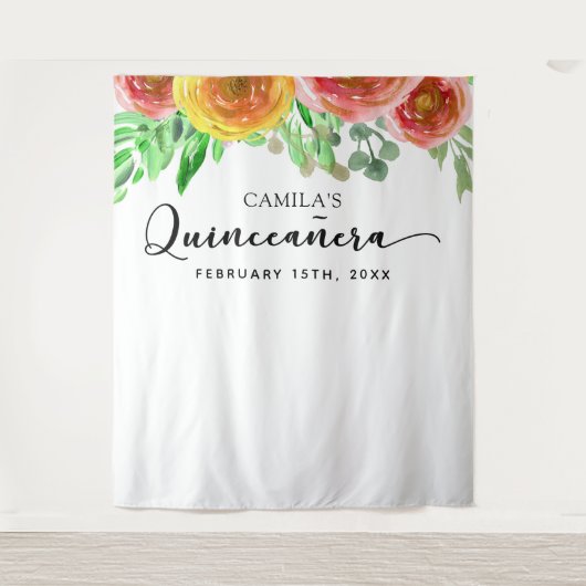 Quinceañera Achtergrond - Bloemrijke Elegante Foto Wandkleed (Voorkant)
