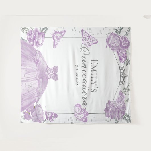 Quinceanera Achtergrond Lavendel Jurk Bloemen Zilv Wandkleed (Voorkant (horizontaal))