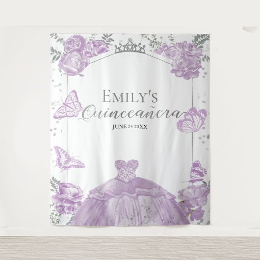 Quinceanera Achtergrond Lavendel Jurk Bloemen Zilv Wandkleed (Voorkant)