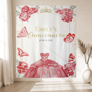 Quinceanera Achtergrond Rode Jurk Bloemen Gouden F Wandkleed