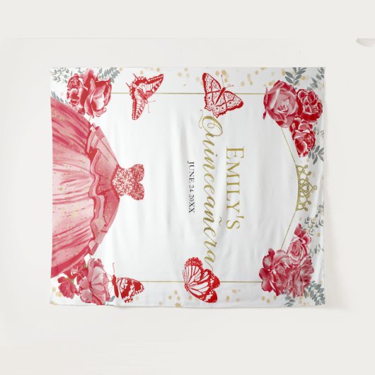 Quinceanera Achtergrond Rode Jurk Bloemen Gouden F Wandkleed (Voorkant (horizontaal))