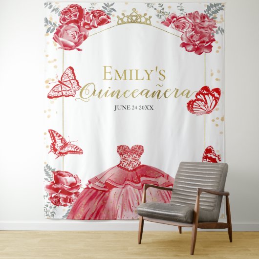 Quinceanera Achtergrond Rode Jurk Bloemen Gouden F Wandkleed (In situ)