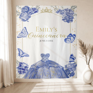 Quinceanera Achtergrond Royal Blue Dress Bloemen Wandkleed