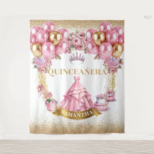 Quinceañera Achtergrond Roze Gouden Glitter Prinse Wandkleed (Voorkant)