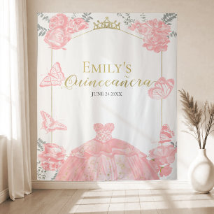 Quinceanera Achtergrond Roze Jurk Bloemen Gouden F Wandkleed