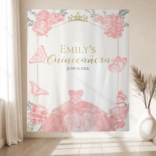 Quinceanera Achtergrond Roze Jurk Bloemen Gouden F Wandkleed