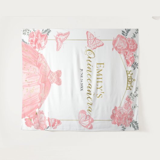 Quinceanera Achtergrond Roze Jurk Bloemen Gouden F Wandkleed (Voorkant (horizontaal))