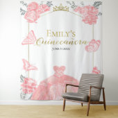 Quinceanera Achtergrond Roze Jurk Bloemen Gouden F Wandkleed (In situ)