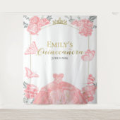 Quinceanera Achtergrond Roze Jurk Bloemen Gouden F Wandkleed (Voorkant)